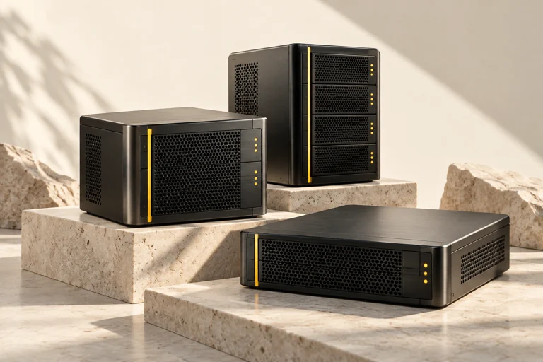 Three VPS server units arranged on pale stone platforms
